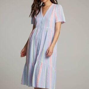 Chaser Beach Stripe Midi Dress Large V Neck Ruffle Bottom NWT